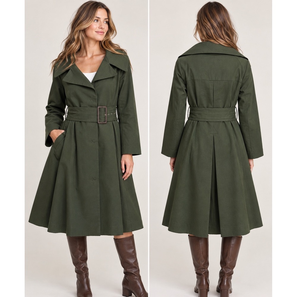 Zara Woman Forest Green Cotton Belted Trench Coat Fit and Flare XL 7800/045